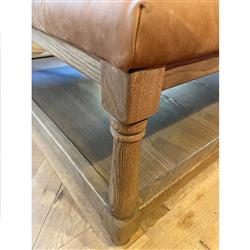 Ishan Rustic Lodge Brown Upholstered Leather Solid Oak Wood Tufted Ottoman|