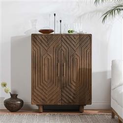 Sherwood Mid Century Modern Brown Mango Wood 2 Patterned Door Bar Cabinet|