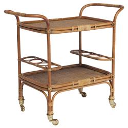 Minda Coastal Beach Antique Brown Rattan Woven Wicker Bar Cart|