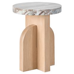 Noelle Modern Classic Marble Top Light Brown Wood Base Round Side Table|
