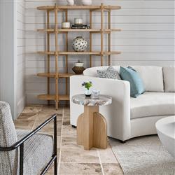 Noelle Modern Classic Marble Top Light Brown Wood Base Round Side Table|