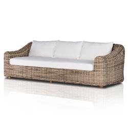 Celina Coastal White Cushion Woven Wicker Natural Teak Wood Outdoor Sofa - 106"|