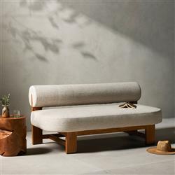 Carlo Mid Century Beige Upholstered Natural Teak Wood Frame Outdoor Sofa - 60"W|