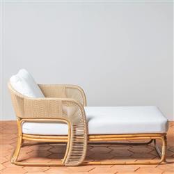 Rina Ellen Coastal White Upholstered Natural Rattan Outdoor Lounge Chaise|