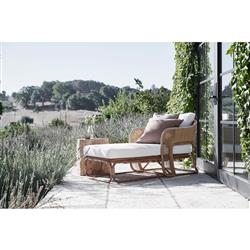 Rina Ellen Coastal White Upholstered Natural Rattan Outdoor Lounge Chaise|