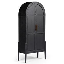 Ivan Mid Century Modern Black Oak Wood Brass Iron 2 Door Arched China Cabinet|