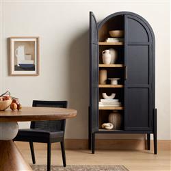 Ivan Mid Century Modern Black Oak Wood Brass Iron 2 Door Arched China Cabinet|