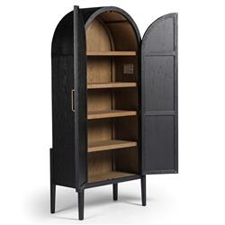 Ivan Mid Century Modern Black Oak Wood Brass Iron 2 Door Arched China Cabinet|