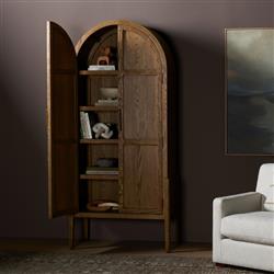 Ivan Mid Century Modern Brown Oak Wood Brass Iron 2 Door Arched China Cabinet|