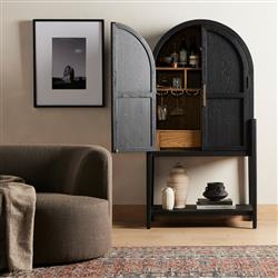Ivan Mid Century Modern Black Oak Wood Brass Iron 2 Door Bar Cabinet|
