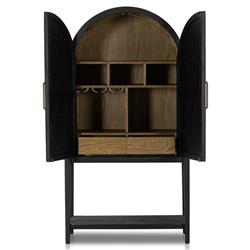 Ivan Mid Century Modern Black Oak Wood Brass Iron 2 Door Bar Cabinet|