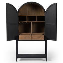 Ivan Mid Century Modern Black Oak Wood Brass Iron 2 Door Bar Cabinet|