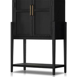 Ivan Mid Century Modern Black Oak Wood Brass Iron 2 Door Bar Cabinet|