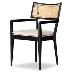 Tina Modern Beige Performance Black Wood Frame Cane Dining Arm Chair|