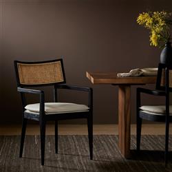 Tina Modern Beige Performance Black Wood Frame Cane Dining Arm Chair|