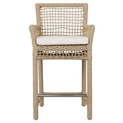 Sonia Coastal Beach White Upholstered Brown Woven Rope Outdoor Counter Stool|
