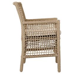 Sonia Coastal Beach White Upholstered Brown Woven Rope Outdoor Dining Arm Chair|