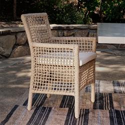 Sonia Coastal Beach White Upholstered Brown Woven Rope Outdoor Dining Arm Chair|