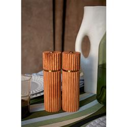 L'Objet Ionic Modern Natural Oak Wood Brass Accent Salt & Pepper Mills Set|