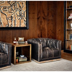 Emmy Rustic Lodge Vintage Black Leather Tufted Nailhead Trim Swivel Club Chair|