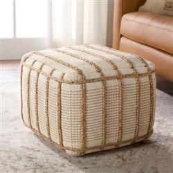 Remsen Coastal Beach Cream Cotton Braided Jute Square Pouf|