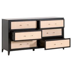 Steven Coastal Beach Natural Rattan Black Wood Frame 6 Drawer Dresser|