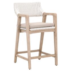Lucile Coastal Beach Beige Cushion White Woven Rattan Mahogany Counter Stool|