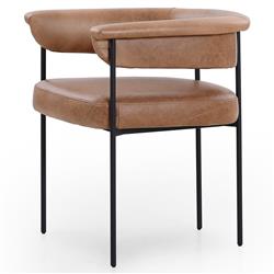 Penelope Industrial Brown Upholstered Leather Black Iron Barrel Dining Arm Chair|