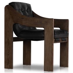 Hadley Rustic Lodge Black Upholstered Leather Brown Wood Tufted Dining Arm Chair|