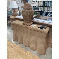 Terese Coastal Beach Natural Handwoven Rattan Scalloped Console Table|