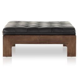 Hadley Black Upholstered Leather Brown Wood Rectangular Tufted Cocktail Ottoman|