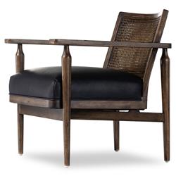 Xander Rustic Lodge Brown Woven Cane Black Leather Seat Occasional Arm Chair|