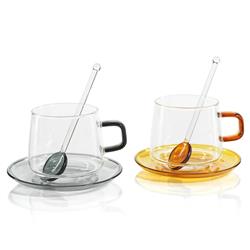 Faye Modern Classic Grey Glass Tea Cup and Saucer - Set of 4|