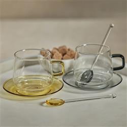 Faye Modern Classic Grey Glass Tea Cup and Saucer - Set of 4|