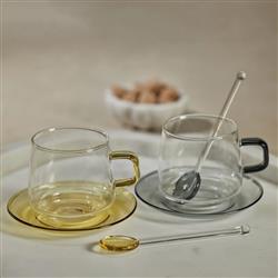 Faye Modern Classic Grey Glass Tea Cup and Saucer - Set of 4|