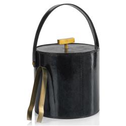 Fabiola Mid Century Blue Leather Gold Brass Ice Bucket with Tong|