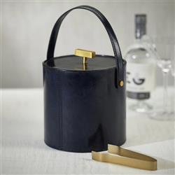 Fabiola Mid Century Blue Leather Gold Brass Ice Bucket with Tong|
