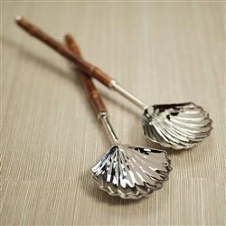 Fleur Coastal Beach Silver Stainless Steel Brown Bamboo Handle Server Set|