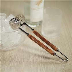 Fleur Coastal Beach Silver Stainless Steel Brown Bamboo Handle Ice Tong|
