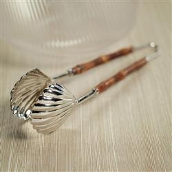 Fleur Coastal Beach Silver Stainless Steel Brown Bamboo Handle Serving Tong|