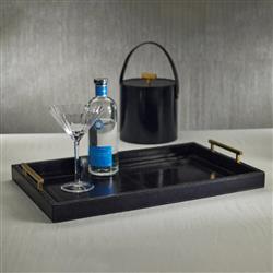 Fabiola Mid Century Blue Leather Gold Brass Handle Serving Tray|