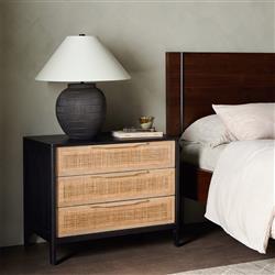 Rhian Coastal Beach Black Mango Wood Woven Cane 3 Drawer Nightstand|