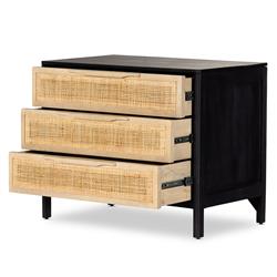 Rhian Coastal Beach Black Mango Wood Woven Cane 3 Drawer Nightstand|