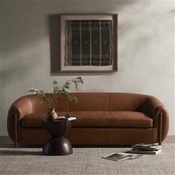 Riley Mid Century Modern Brown Upholstered Leather Wood Frame Sofa - 86.5"W|