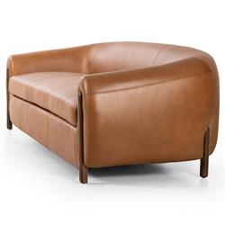 Riley Mid Century Modern Brown Upholstered Leather Wood Frame Sofa - 86.5"W|