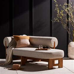 Carlo Mid Century Beige Upholstered Natural Teak Outdoor Chaise - LAF|