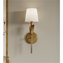 River Reed French Antique Gold Leaf Steel Linen Shade Armed Sconce|