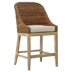 Larissa Coastal Beach Cream Upholstered Linen Brown Oak Woven Rope Counter Stool|