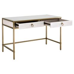 Simon Modern Pearl White Faux Shagreen Brushed Gold Metal 2 Drawer Desk|