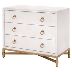 Simon Modern Pearl White Faux Shagreen Brushed Gold Metal 3 Drawer Nightstand|
